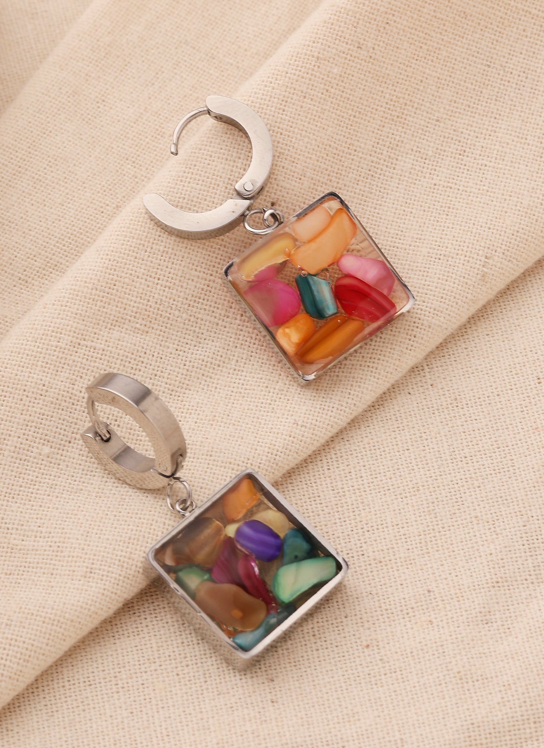 Silver Colourful Natural Stone Square Earrings