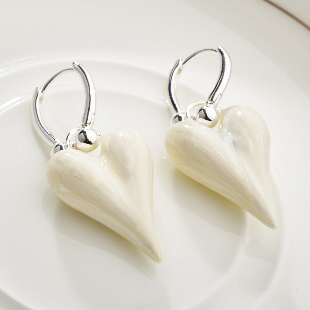 Silver White Heart Drop Earrings