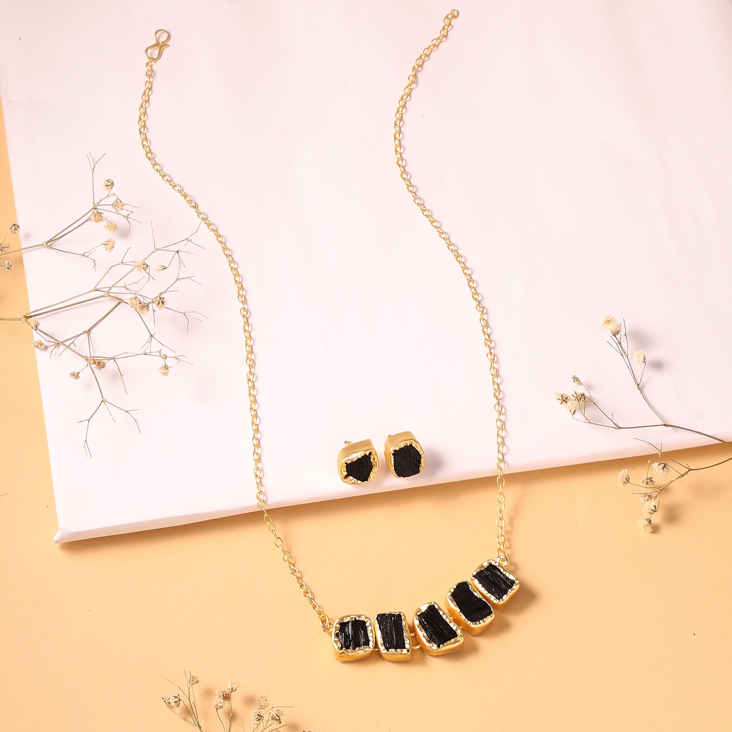 Raw Black Tourmaline Bar Necklace & Earrings Set