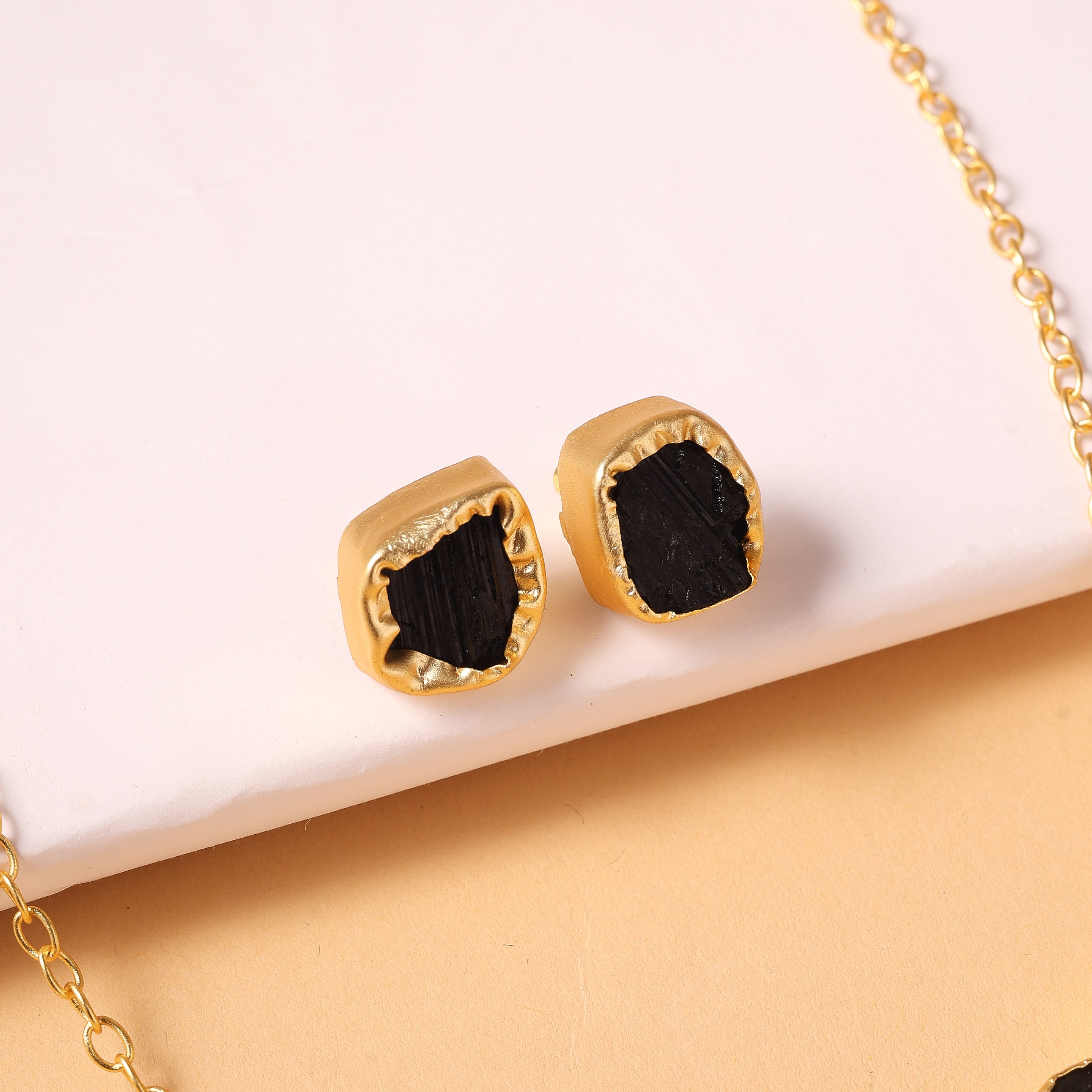 Raw Black Tourmaline Bar Necklace & Earrings Set