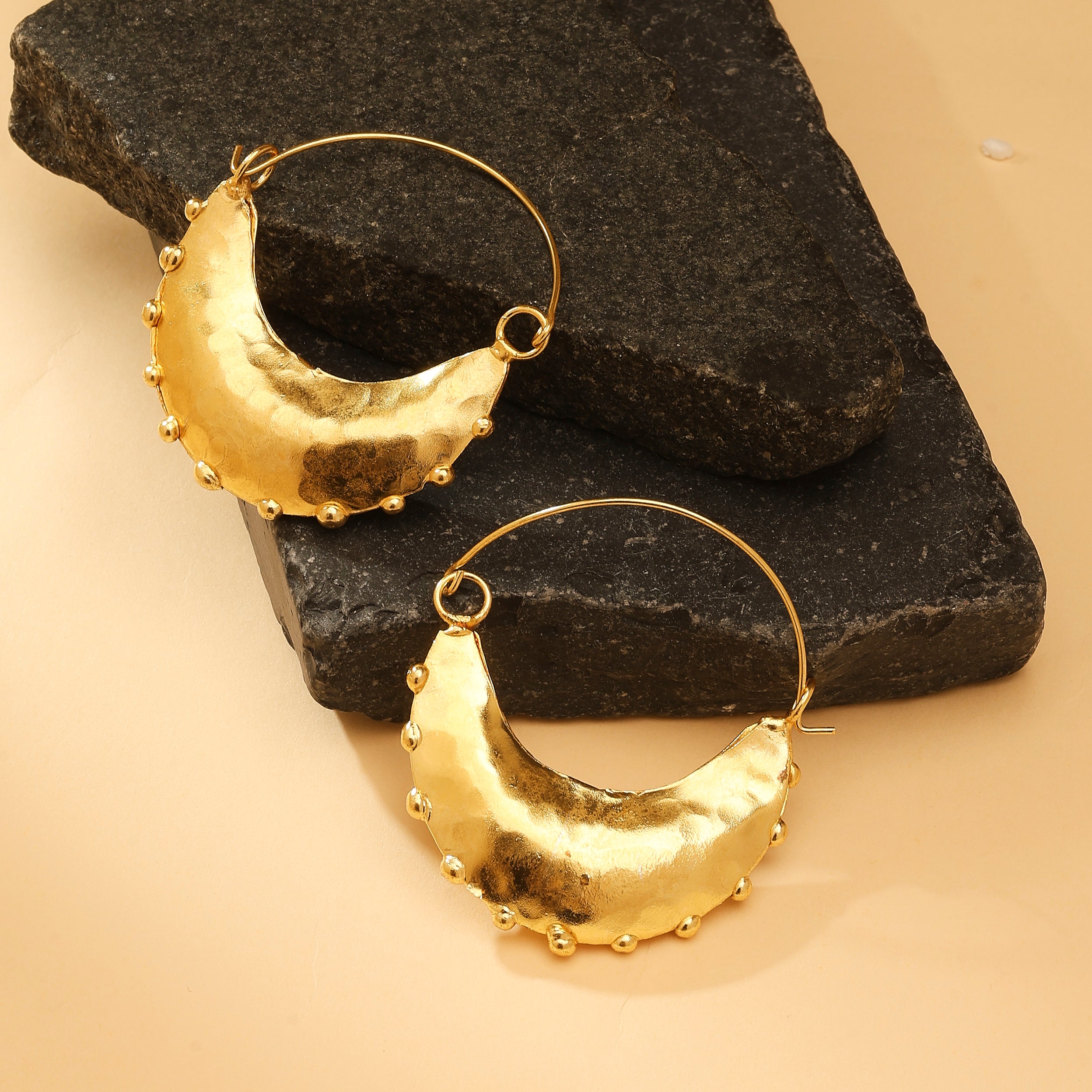 Hammered Gold Crescent Hoop Earrings