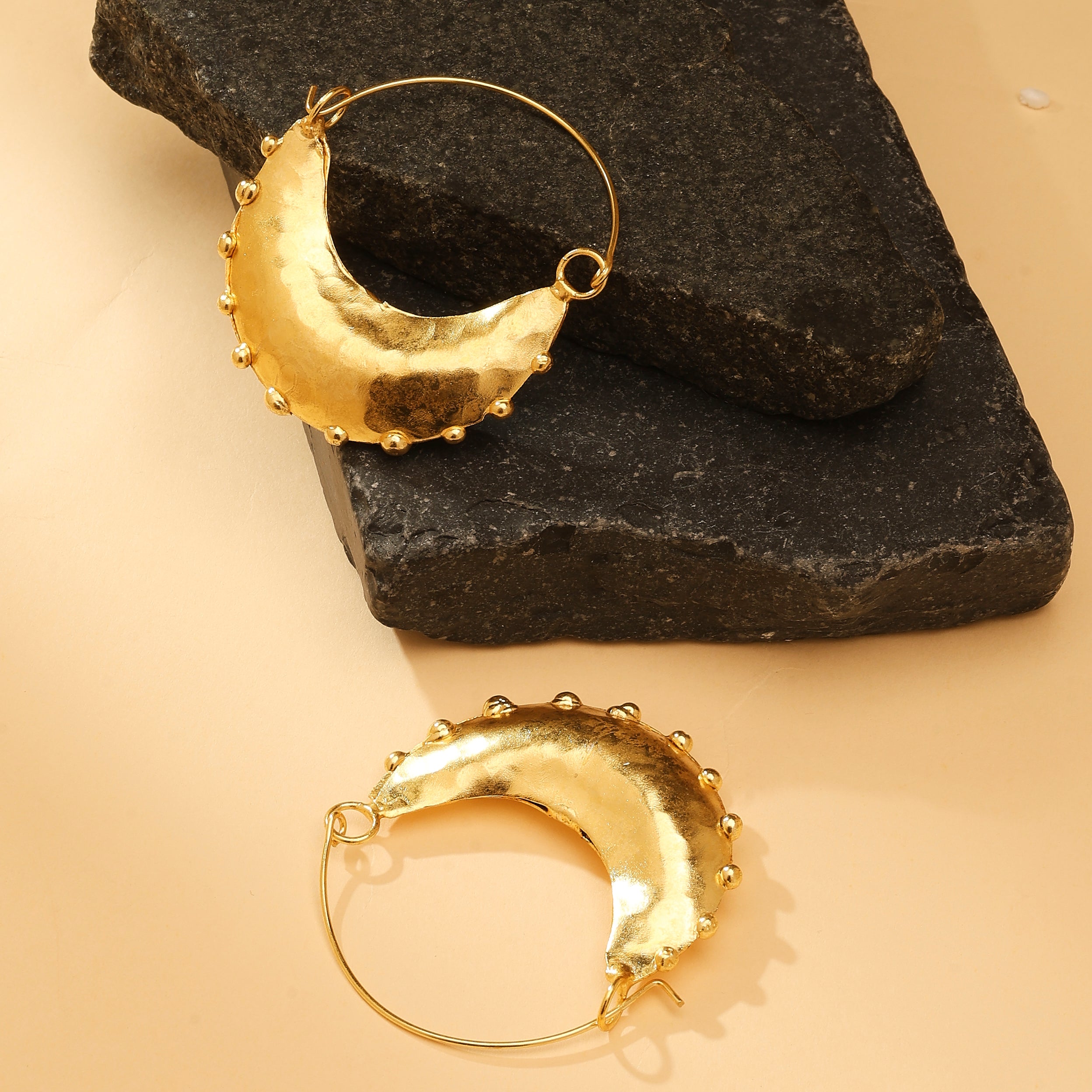 Hammered Gold Crescent Hoop Earrings