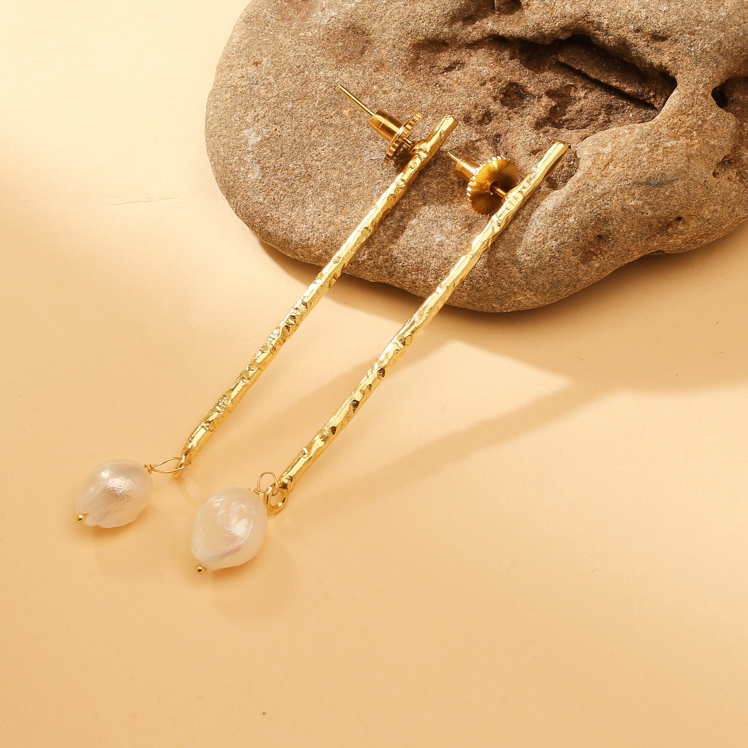 Textured Gold Bar Pearl Drop Earrings