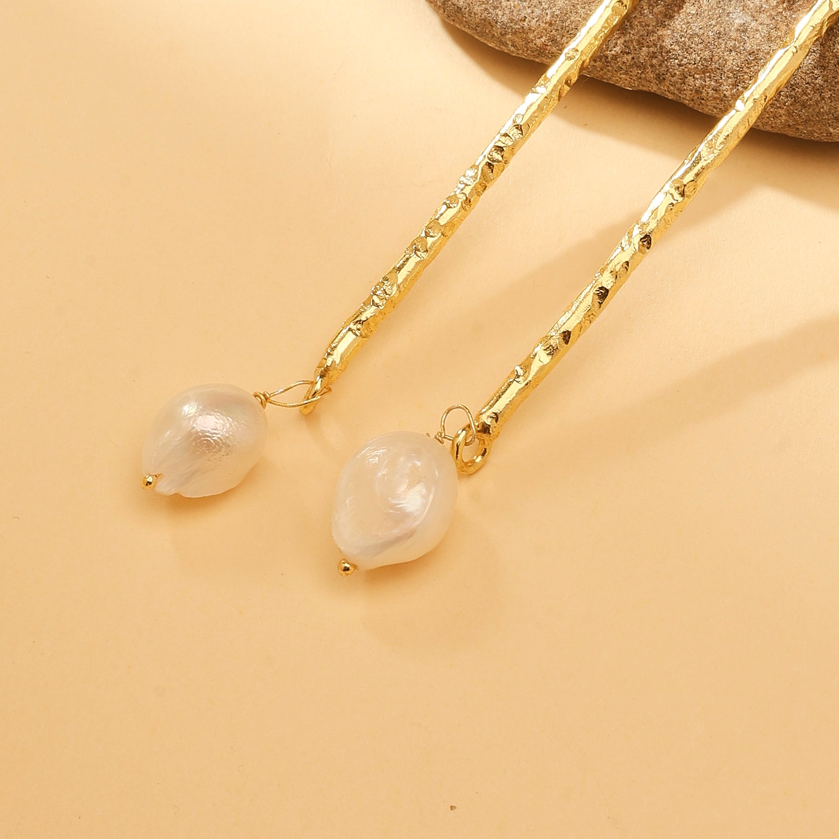 Textured Gold Bar Pearl Drop Earrings