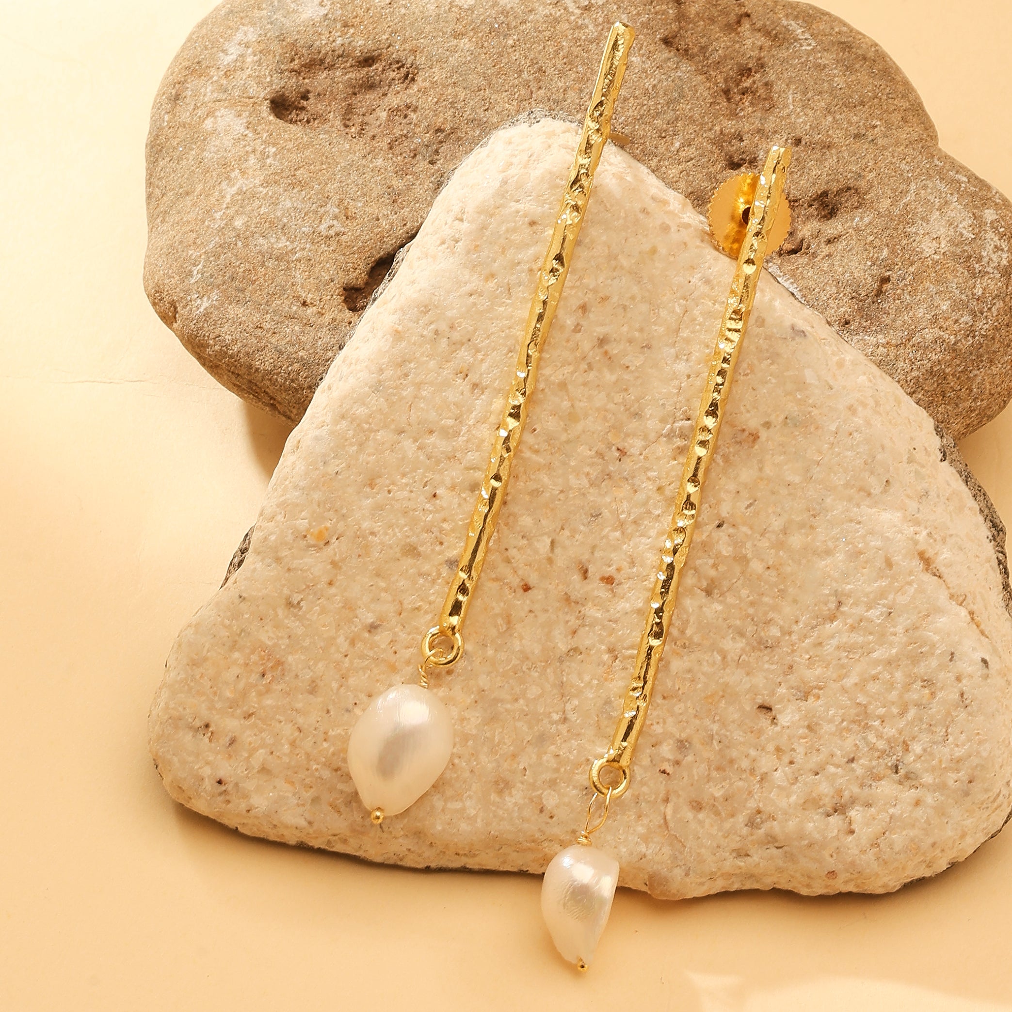 Textured Gold Bar Pearl Drop Earrings