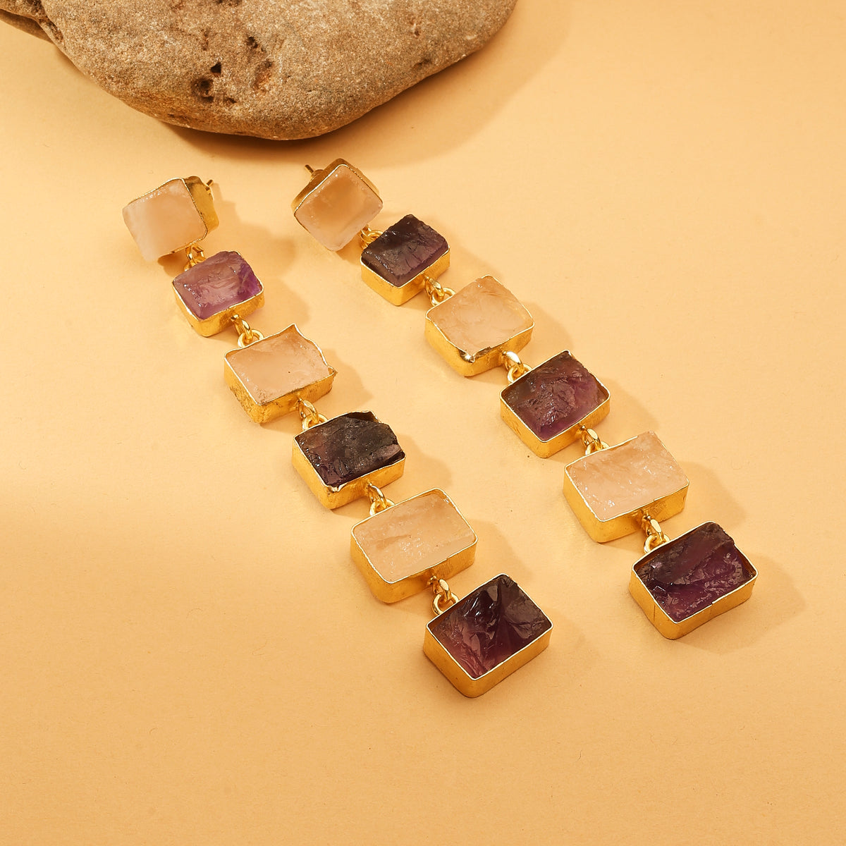 Amethyst & Rose Quartz Stone Drop Earrings