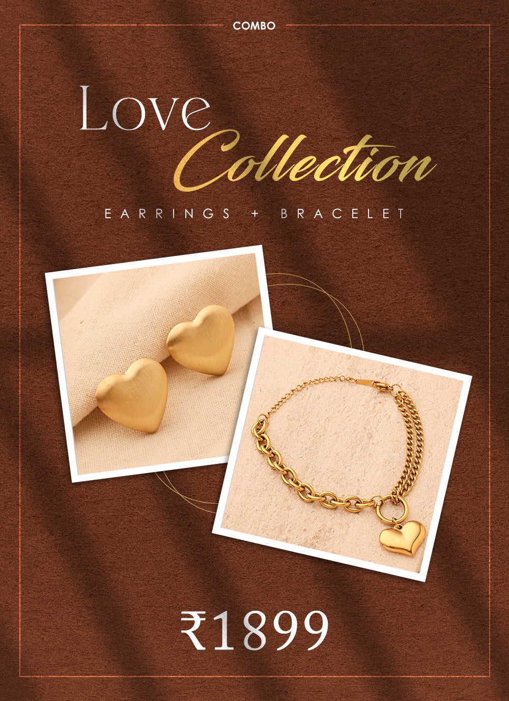 Love in Gold Combo: Gold Matte Love-Shaped Earrings & Love Bracelet