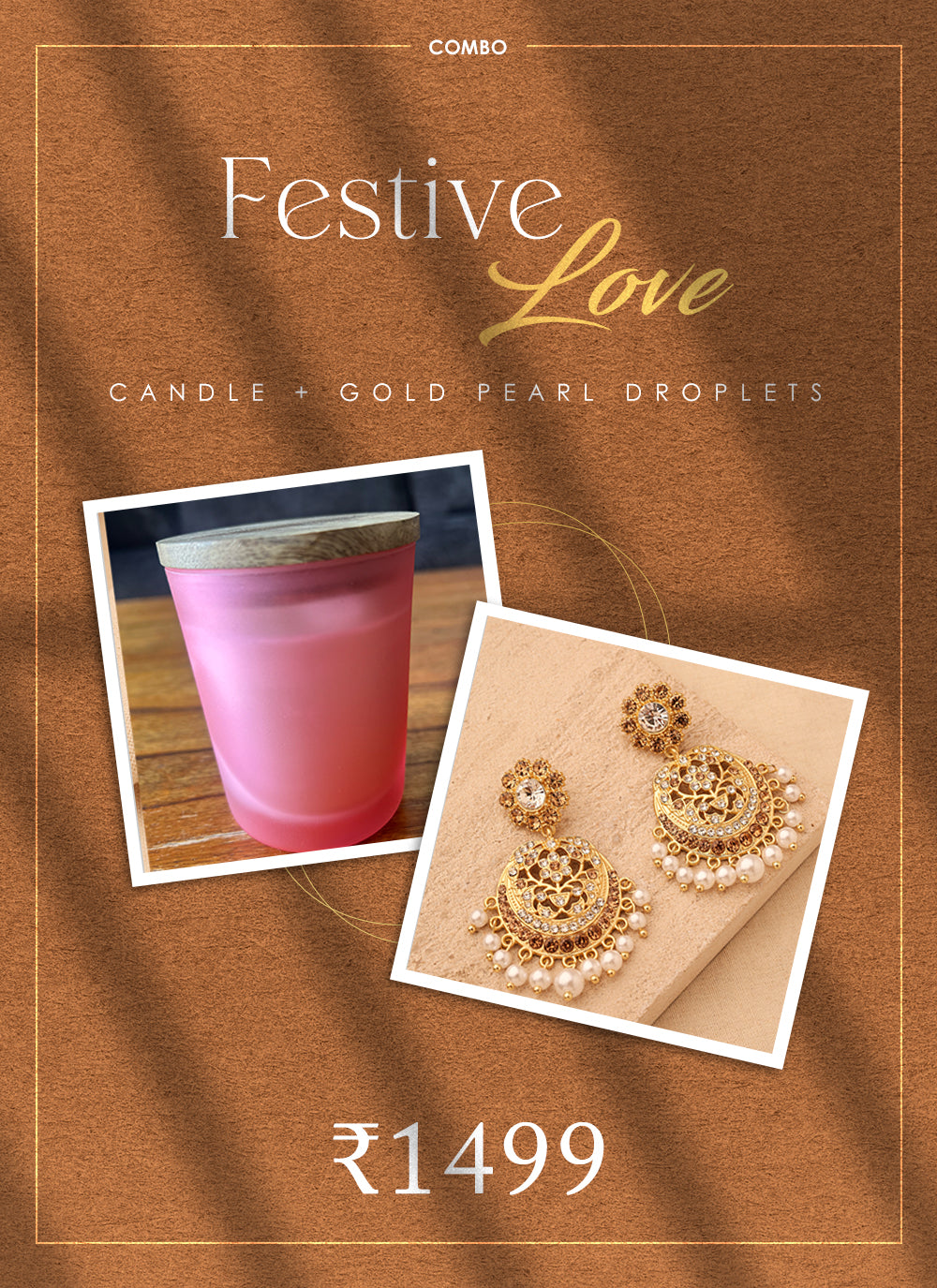 Festive Love Combo: Gold Indian Pearl Droplet Earrings & Scented Candle Set