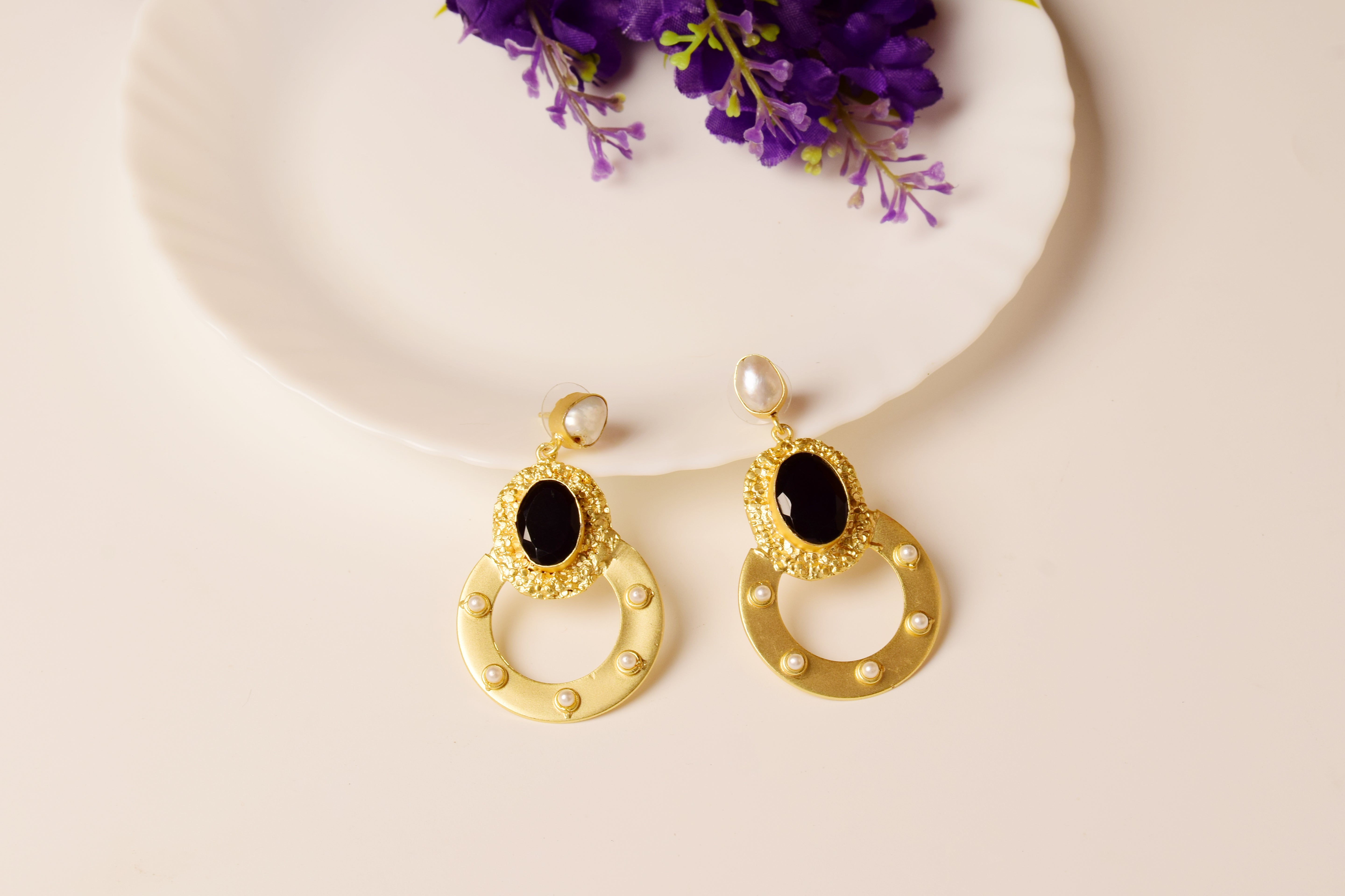 Regal Noir Pearl Hoop Earrings