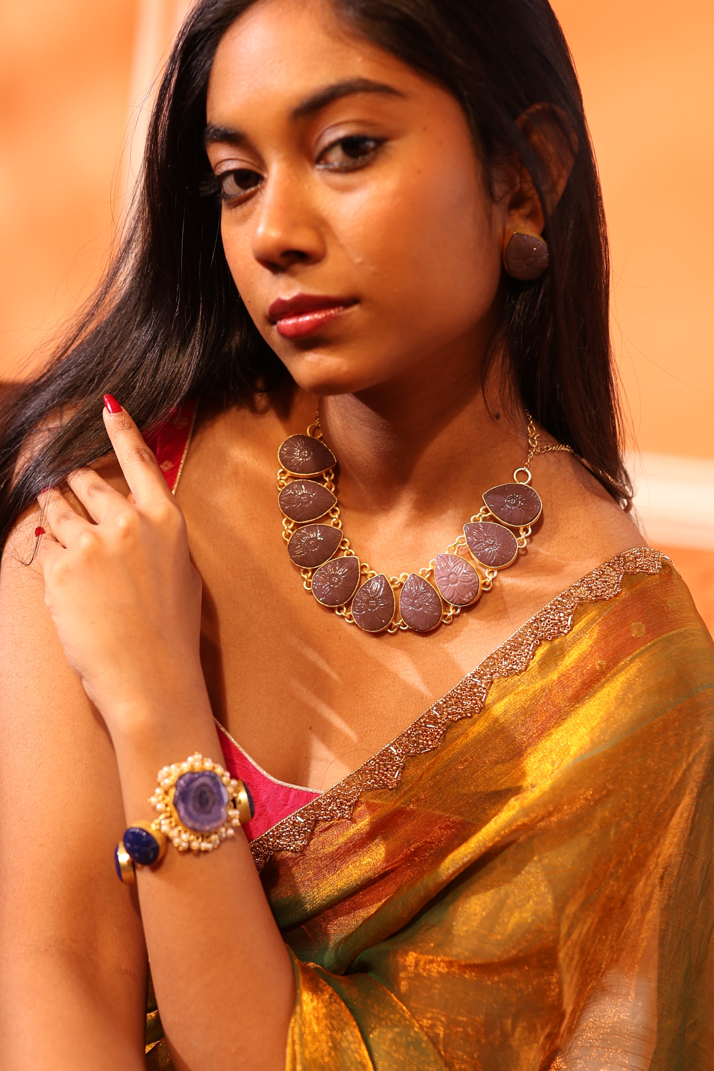 Purple Carved Stone Necklace Set