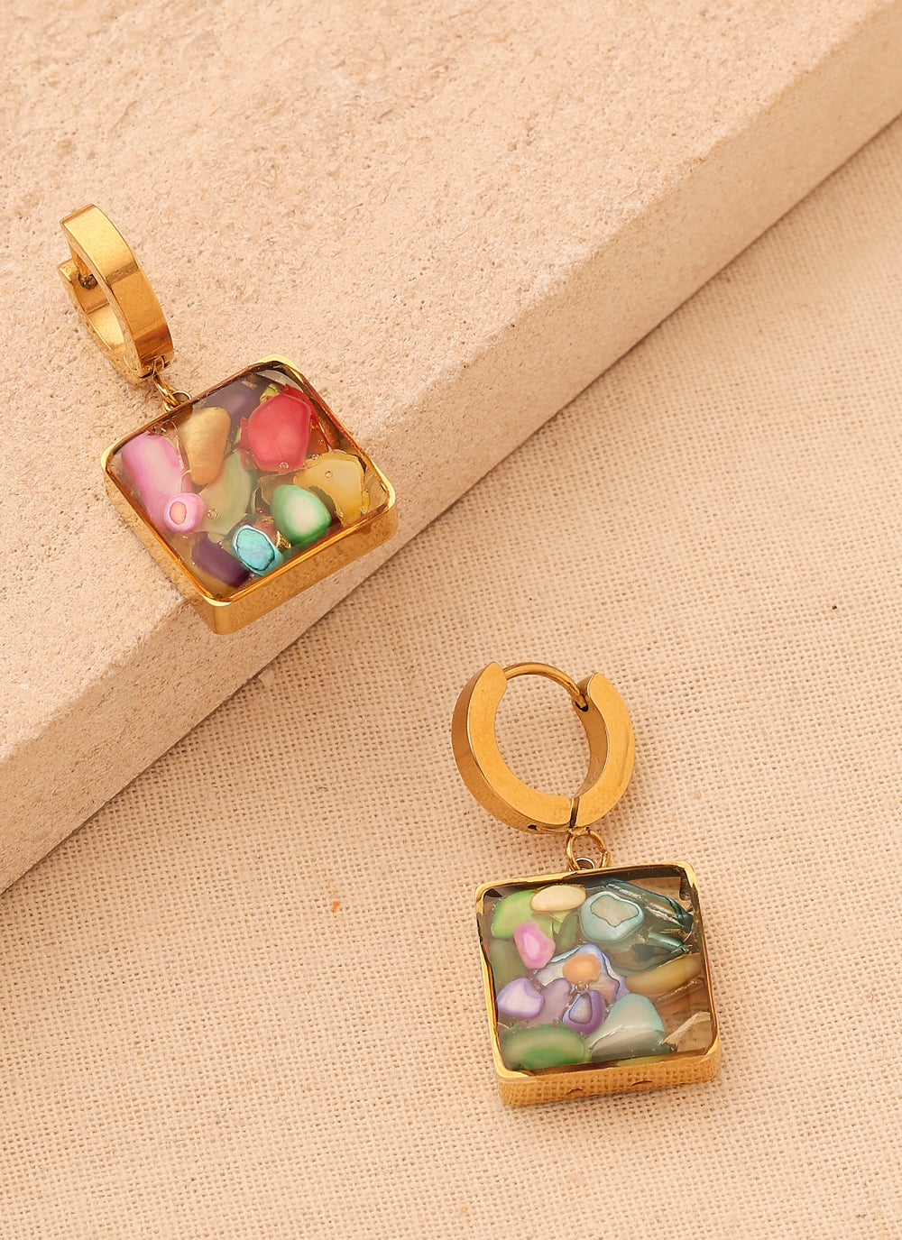 Gold Colourful Natural Stone Square Earrings