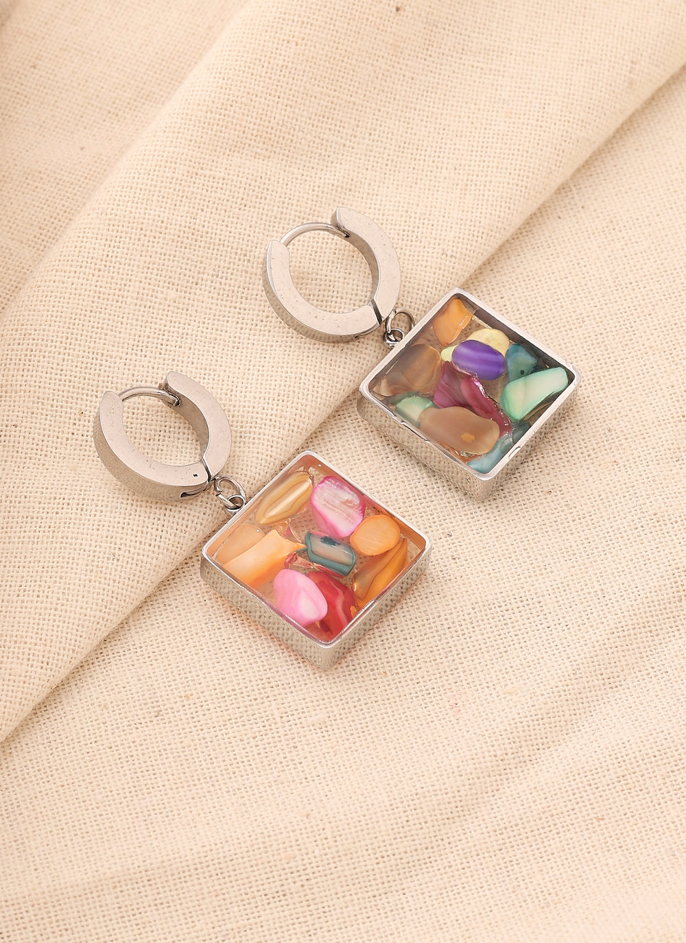 Silver Colourful Natural Stone Square Earrings