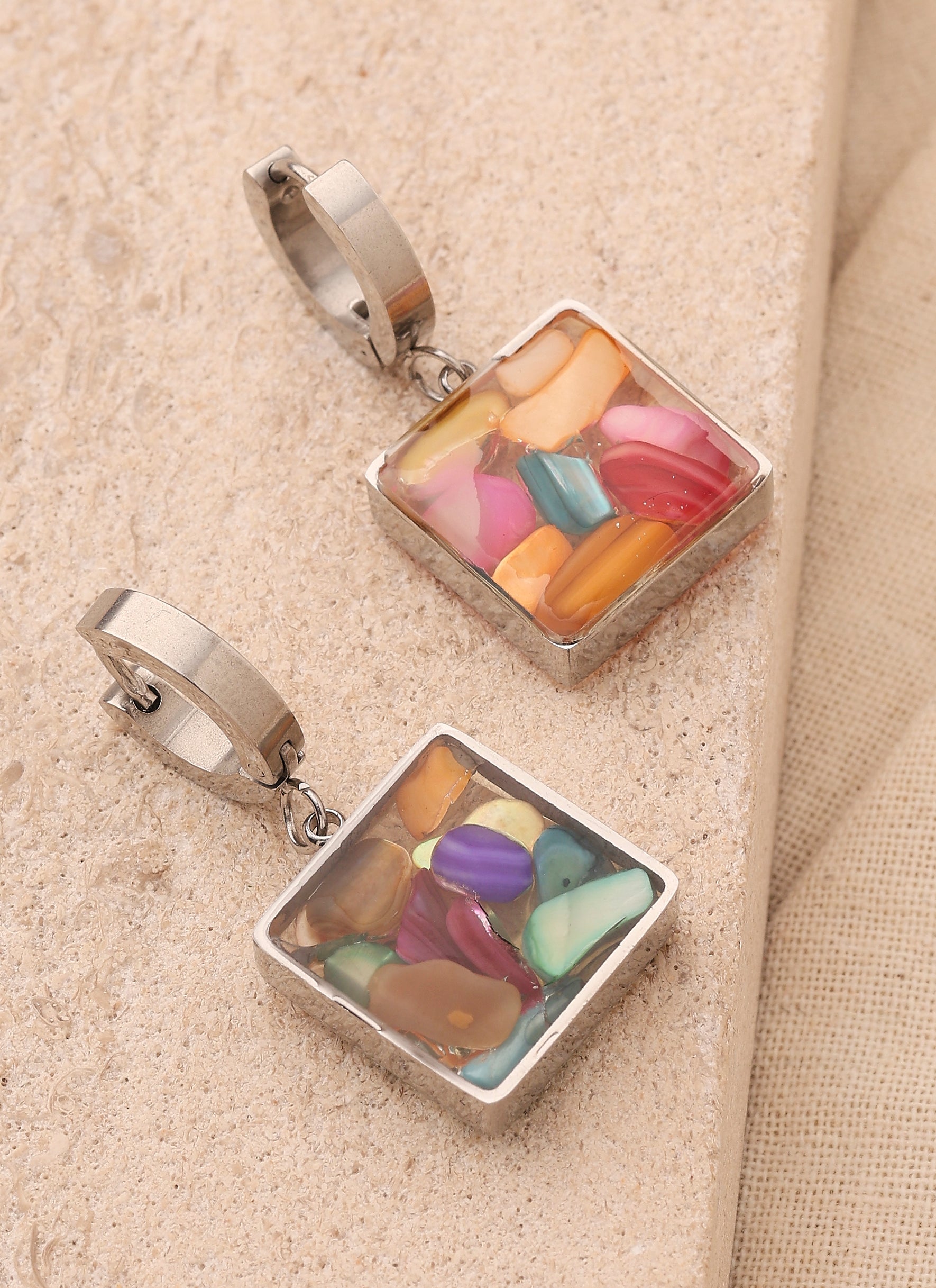 Silver Colourful Natural Stone Square Earrings