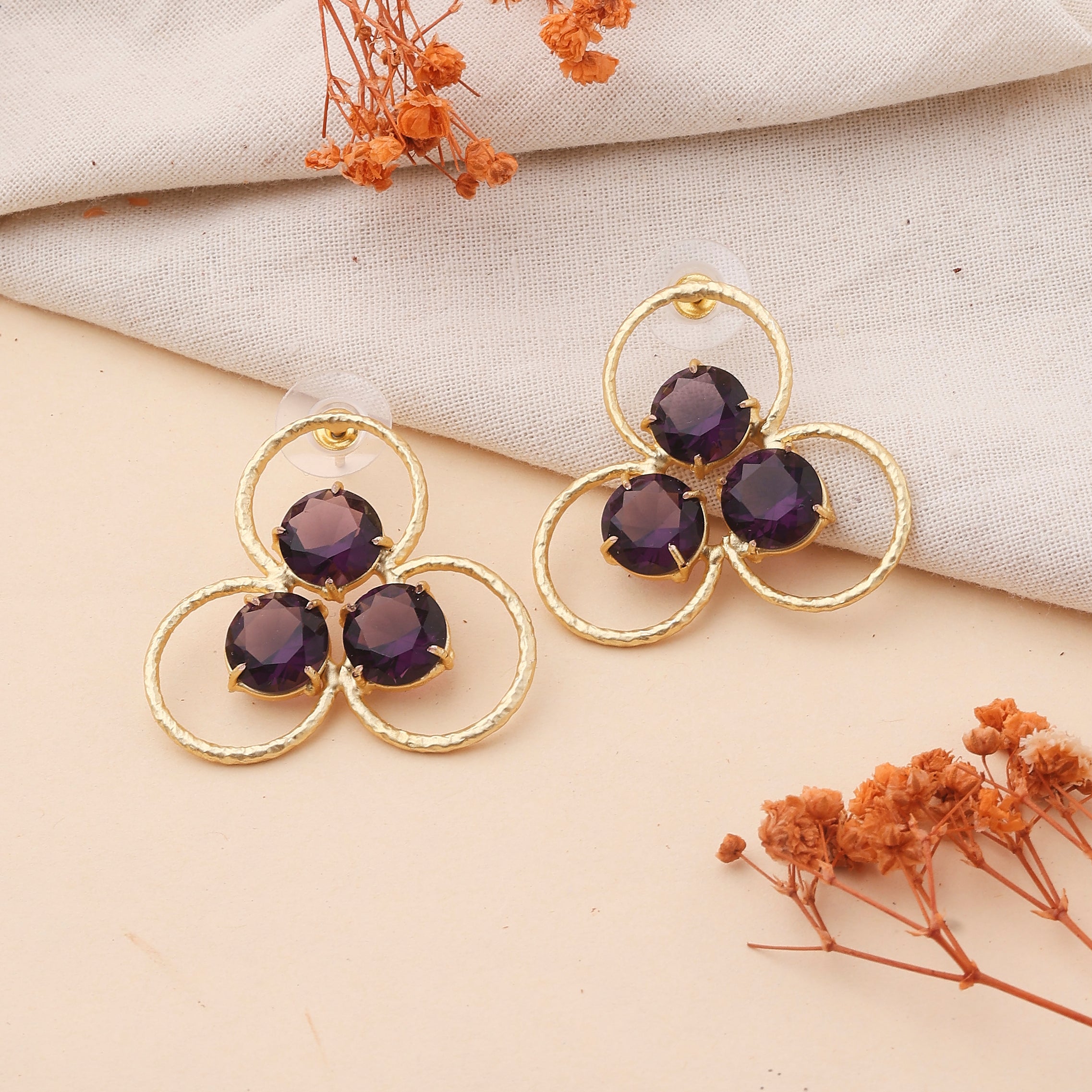 Three Circle Rings Earrings Wine