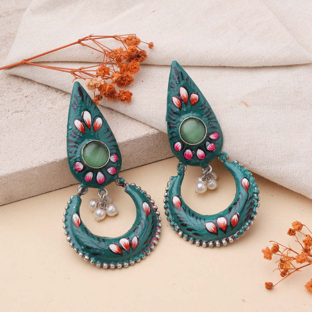 Green Hand Painted Earrings