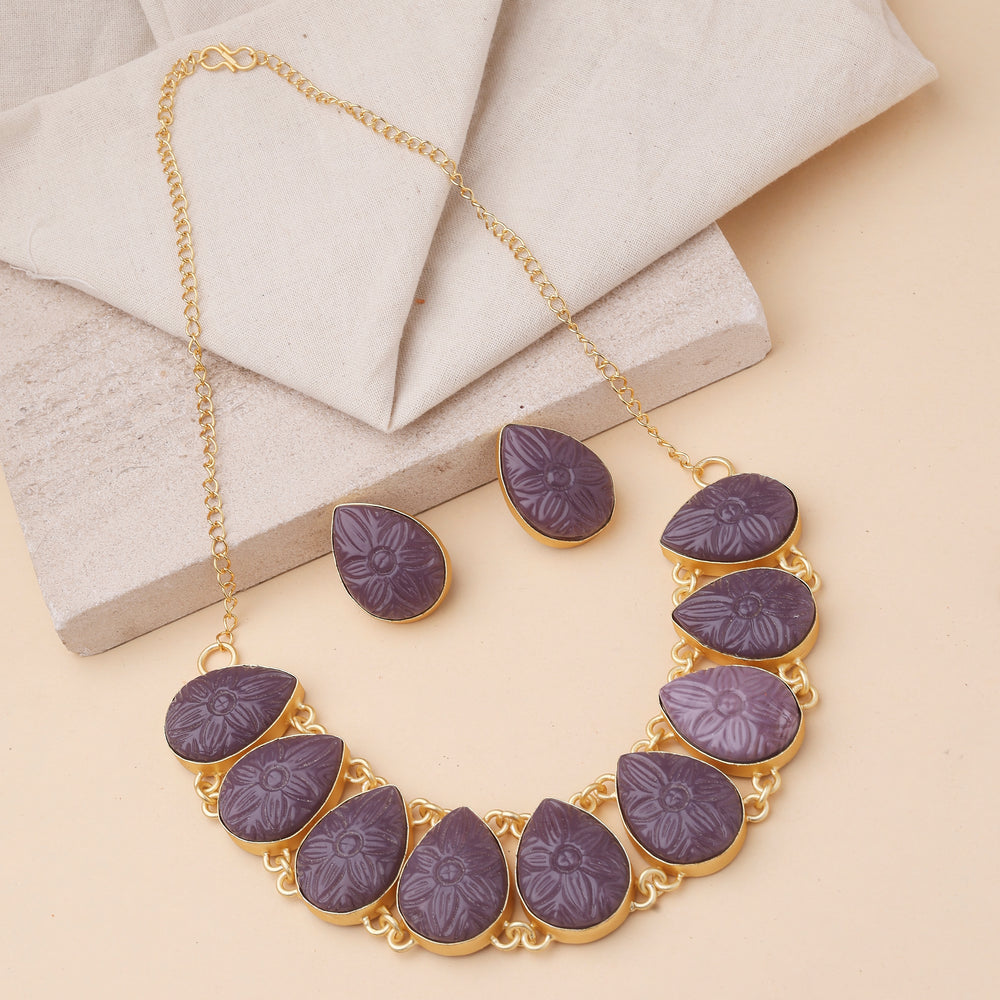 Purple Carved Stone Necklace Set