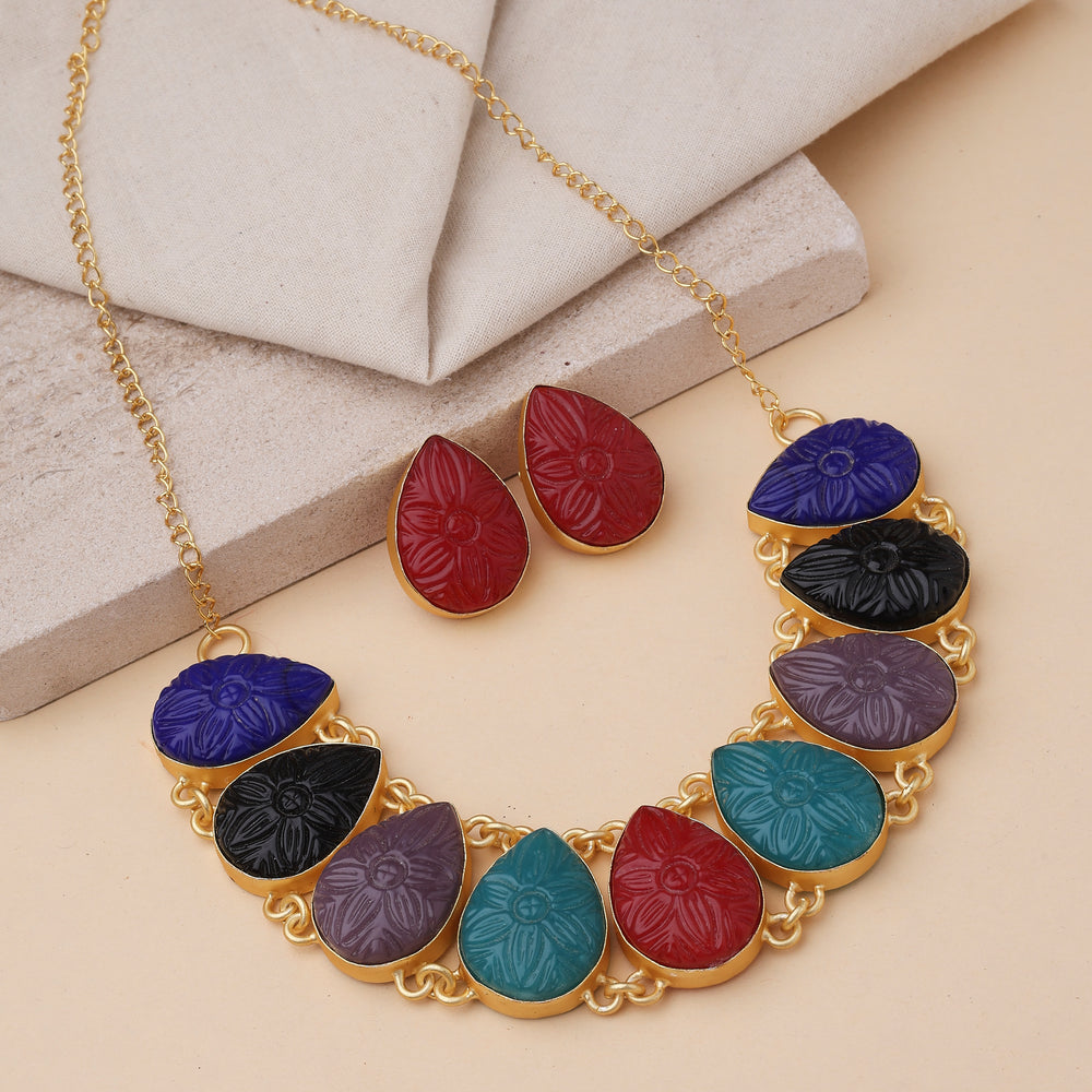 Multicolour Carved Stone Necklace Set