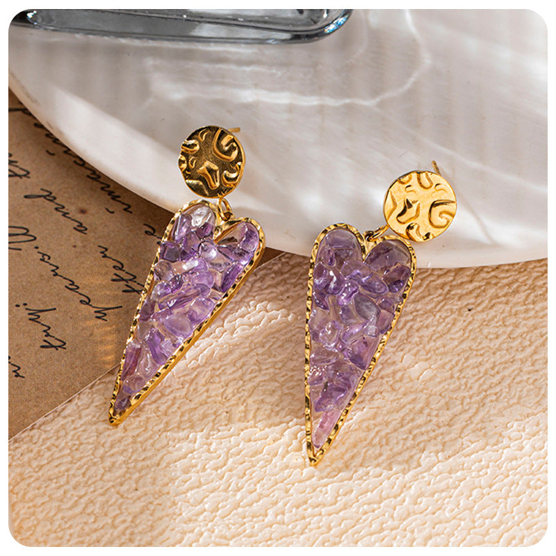 Crushed Amethyst Heart Earrings