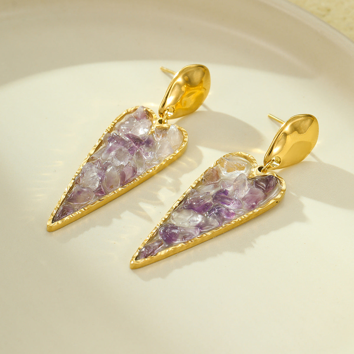Crushed Amethyst Heart Earrings