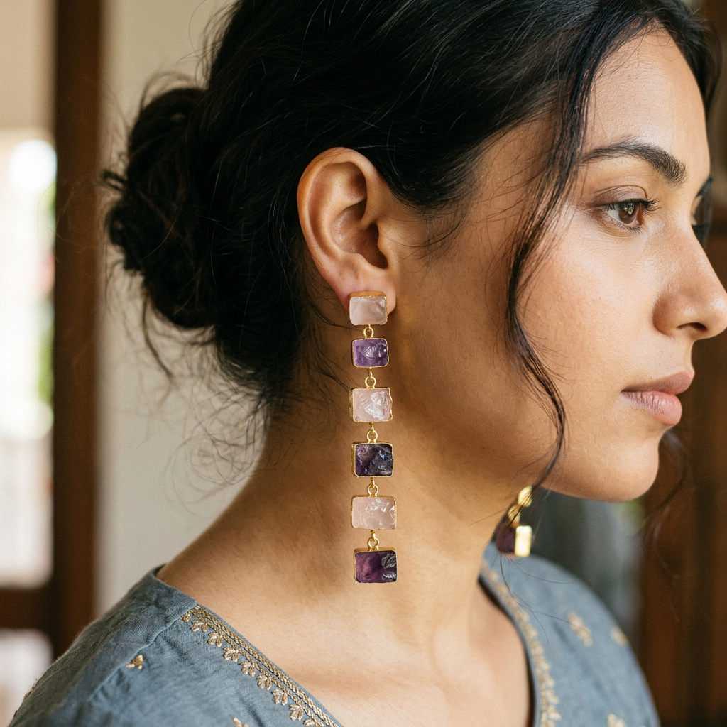 Amethyst & Rose Quartz Stone Drop Earrings