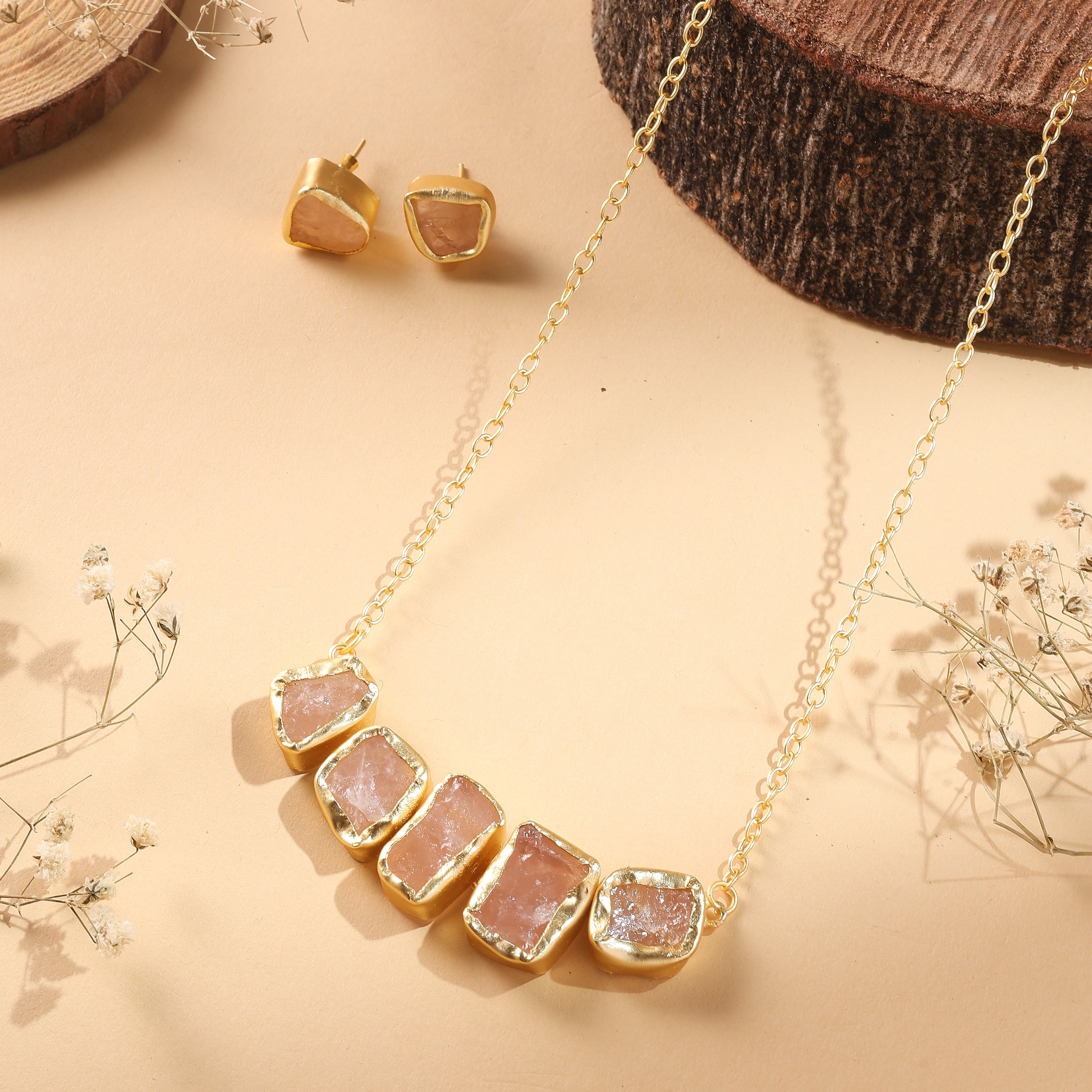 Raw Gemstone Bar Necklace and Earrings Set