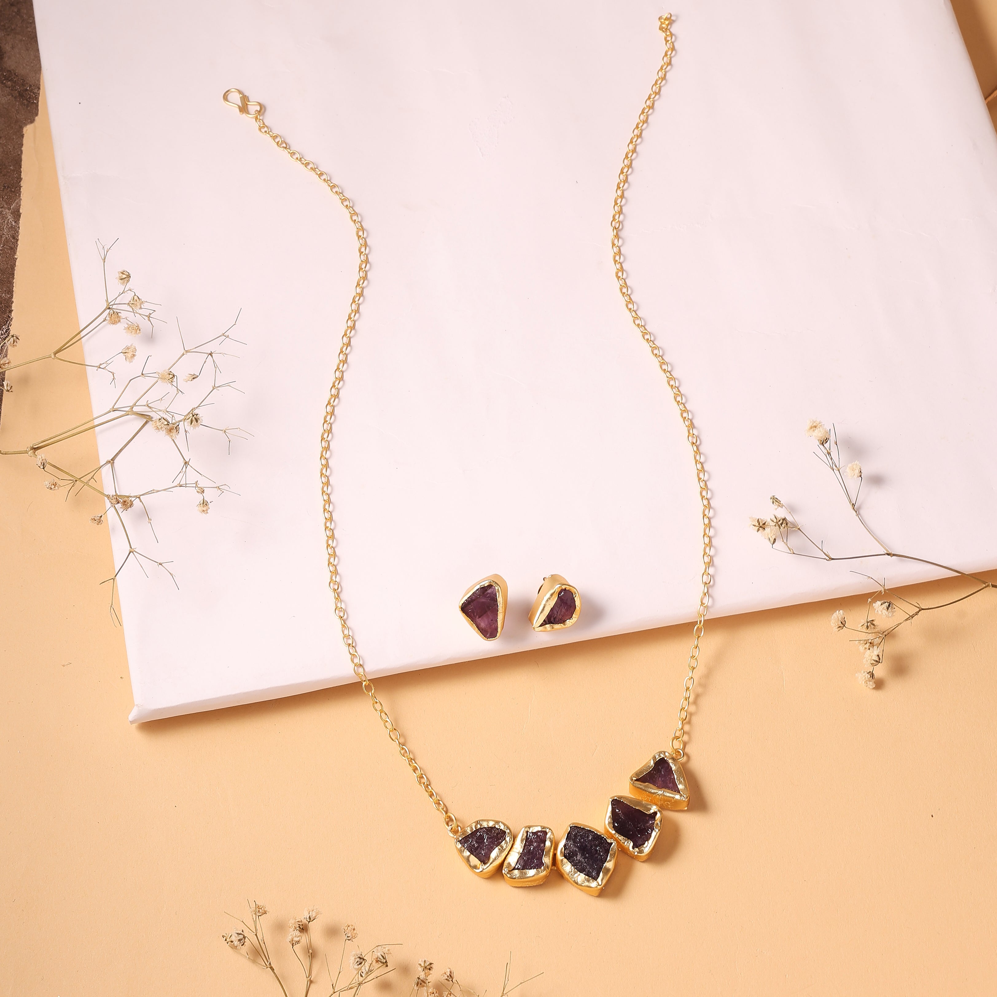 Raw Amethyst Bar Necklace & Earrings Set