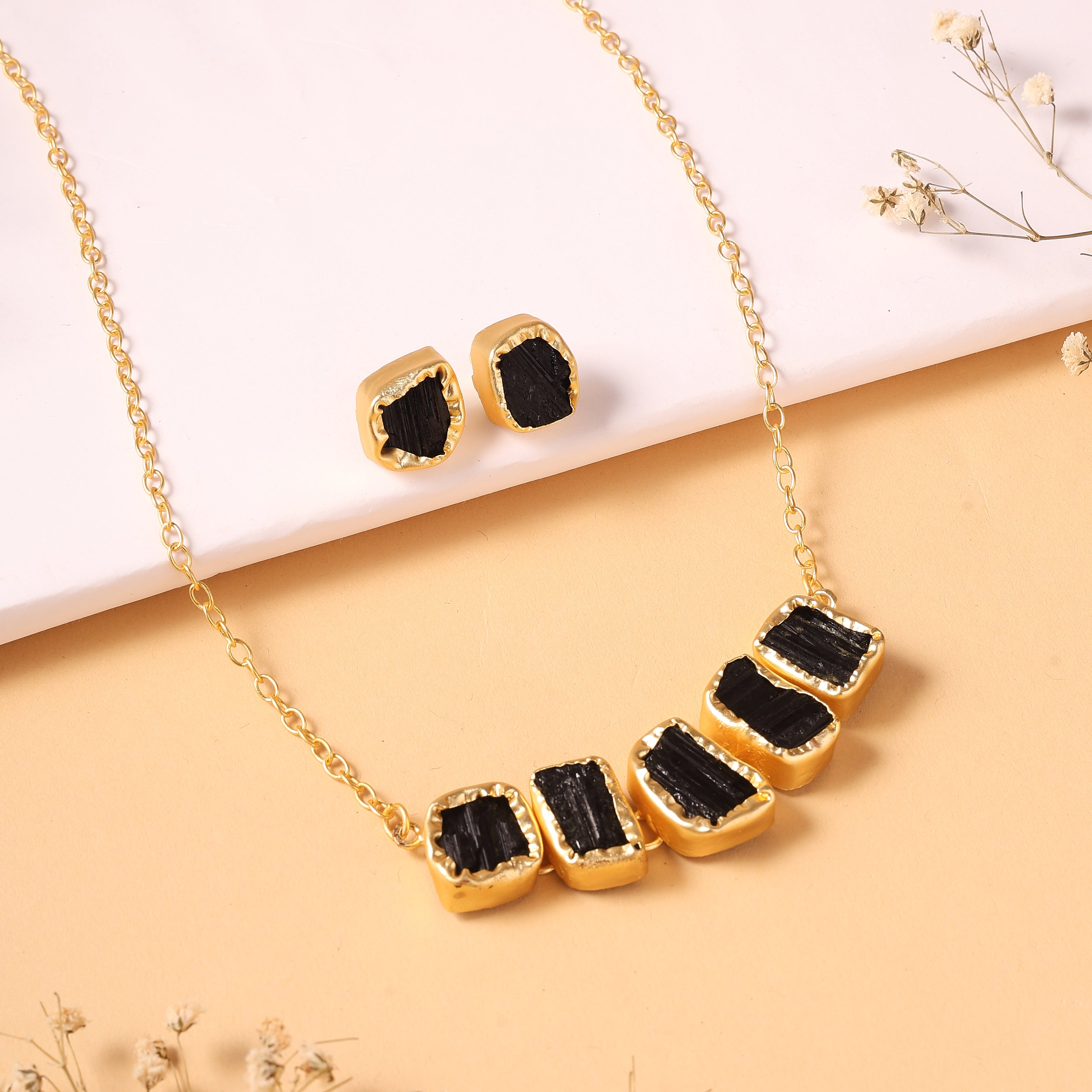 Raw Black Tourmaline Bar Necklace & Earrings Set