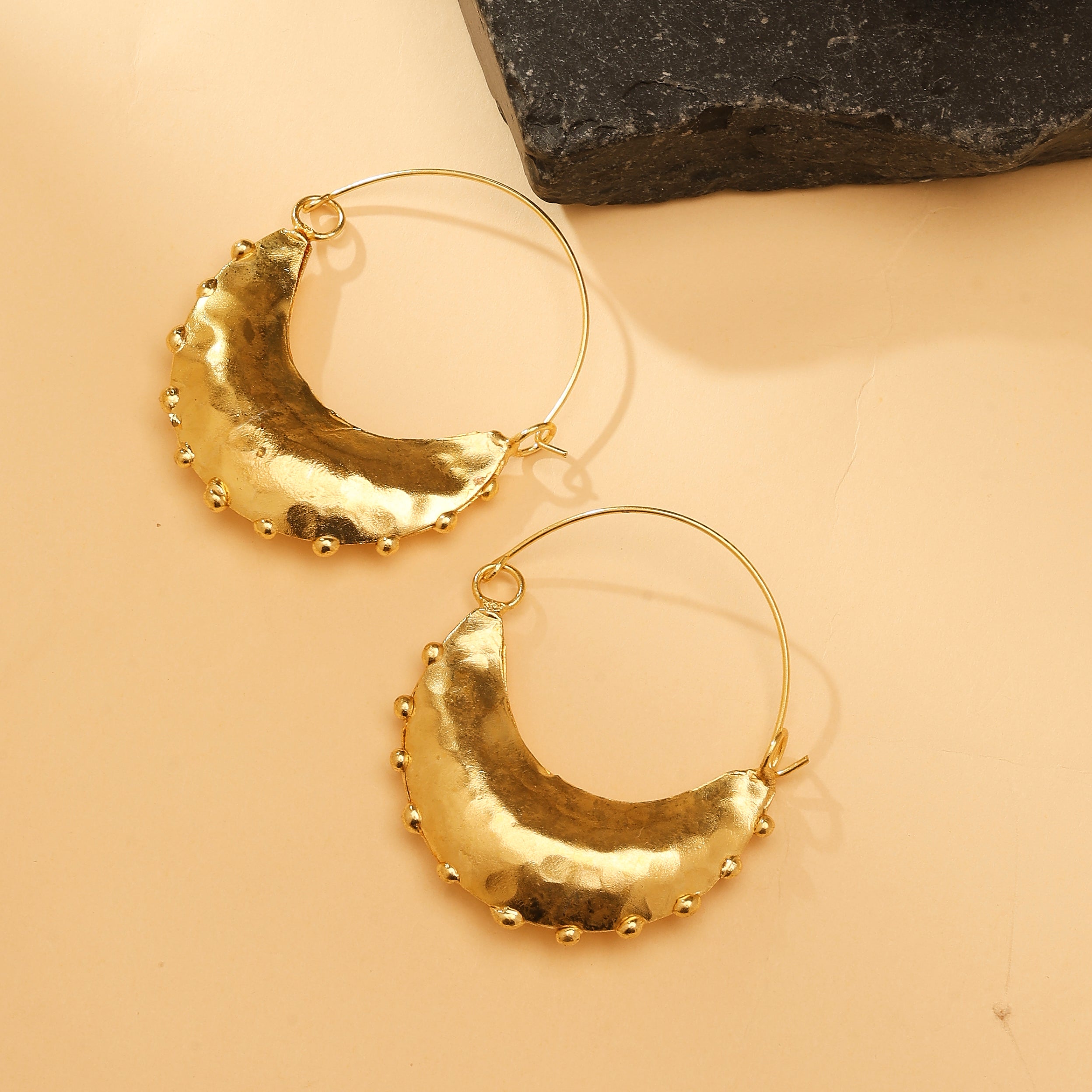 Hammered Gold Crescent Hoop Earrings