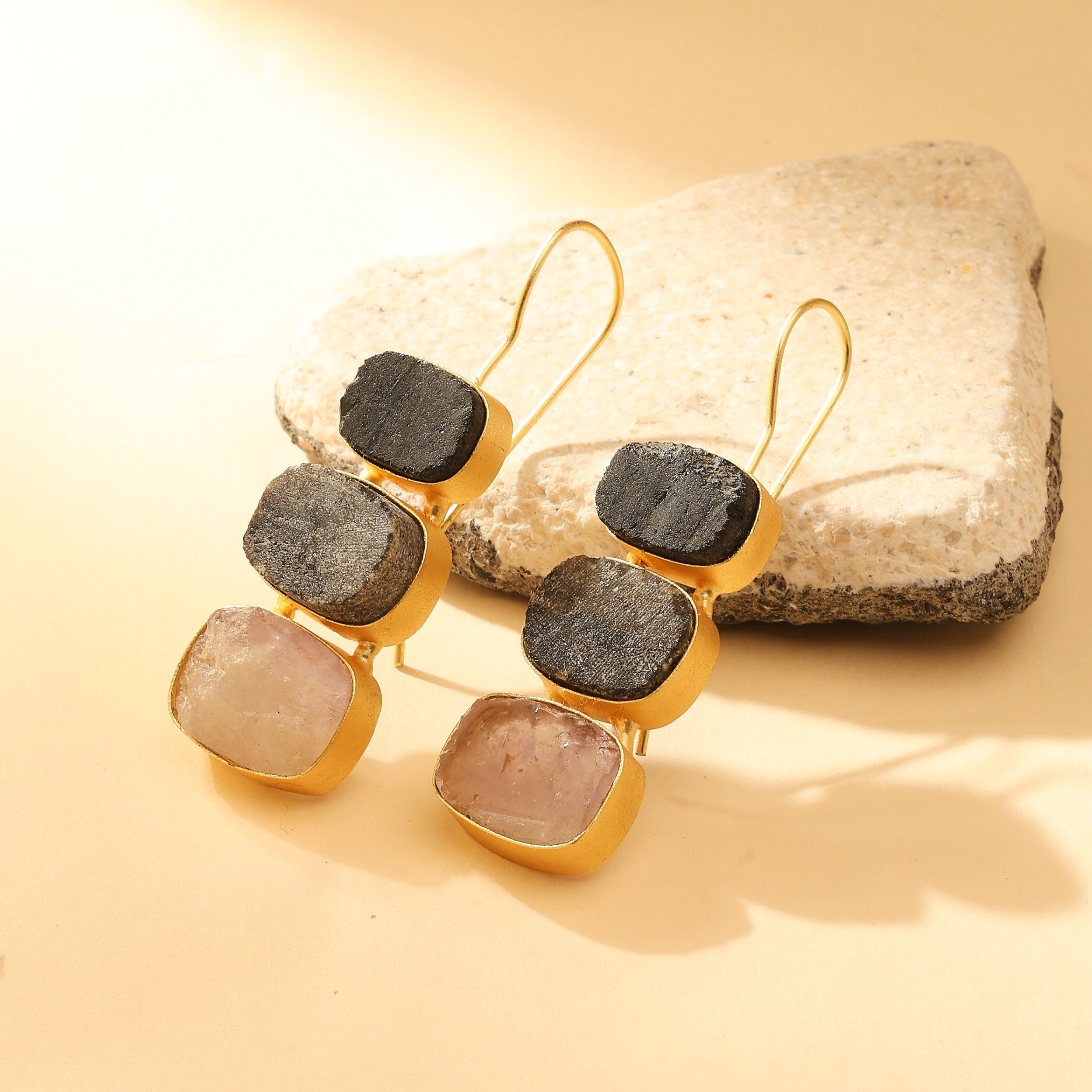 Raw Stone Trio Drop Earrings
