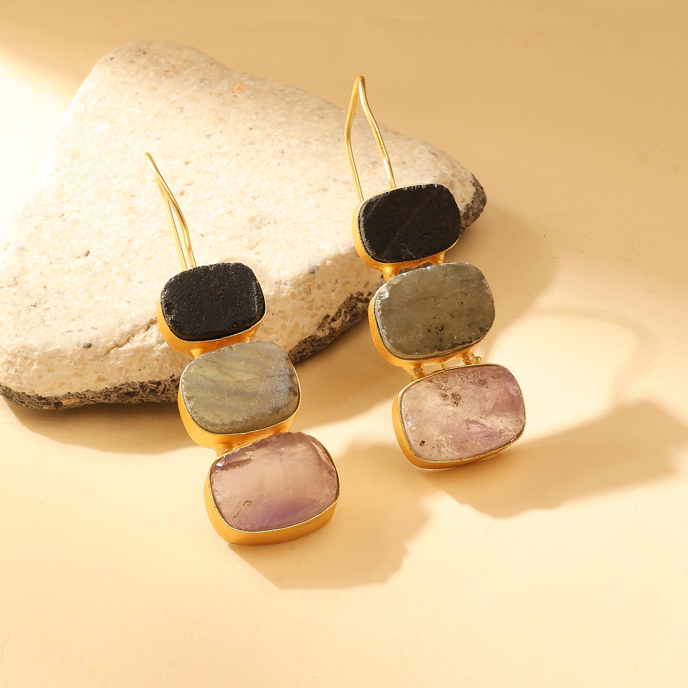 Raw Stone Trio Drop Earrings – Labradorite Edition