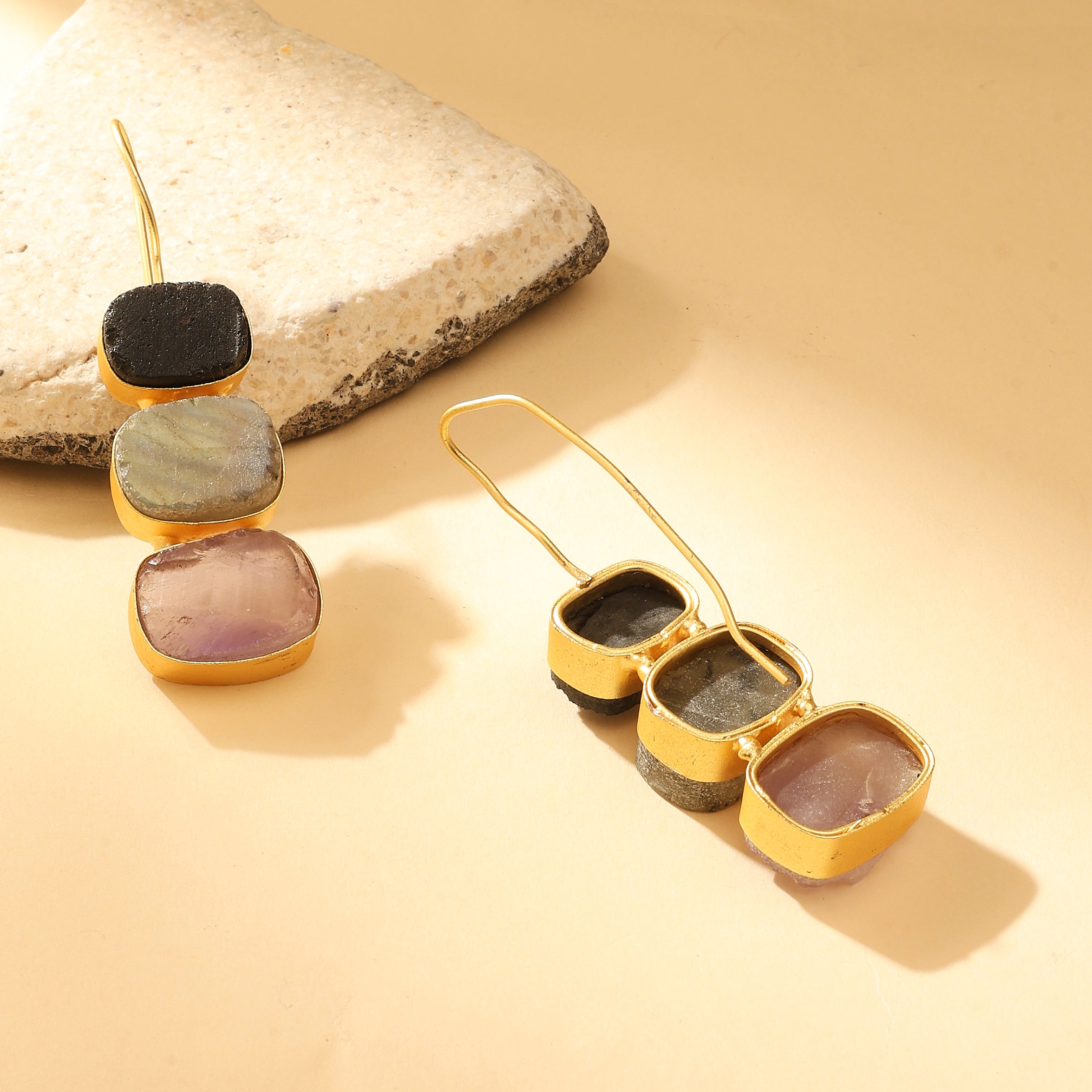 Raw Stone Trio Drop Earrings – Labradorite Edition