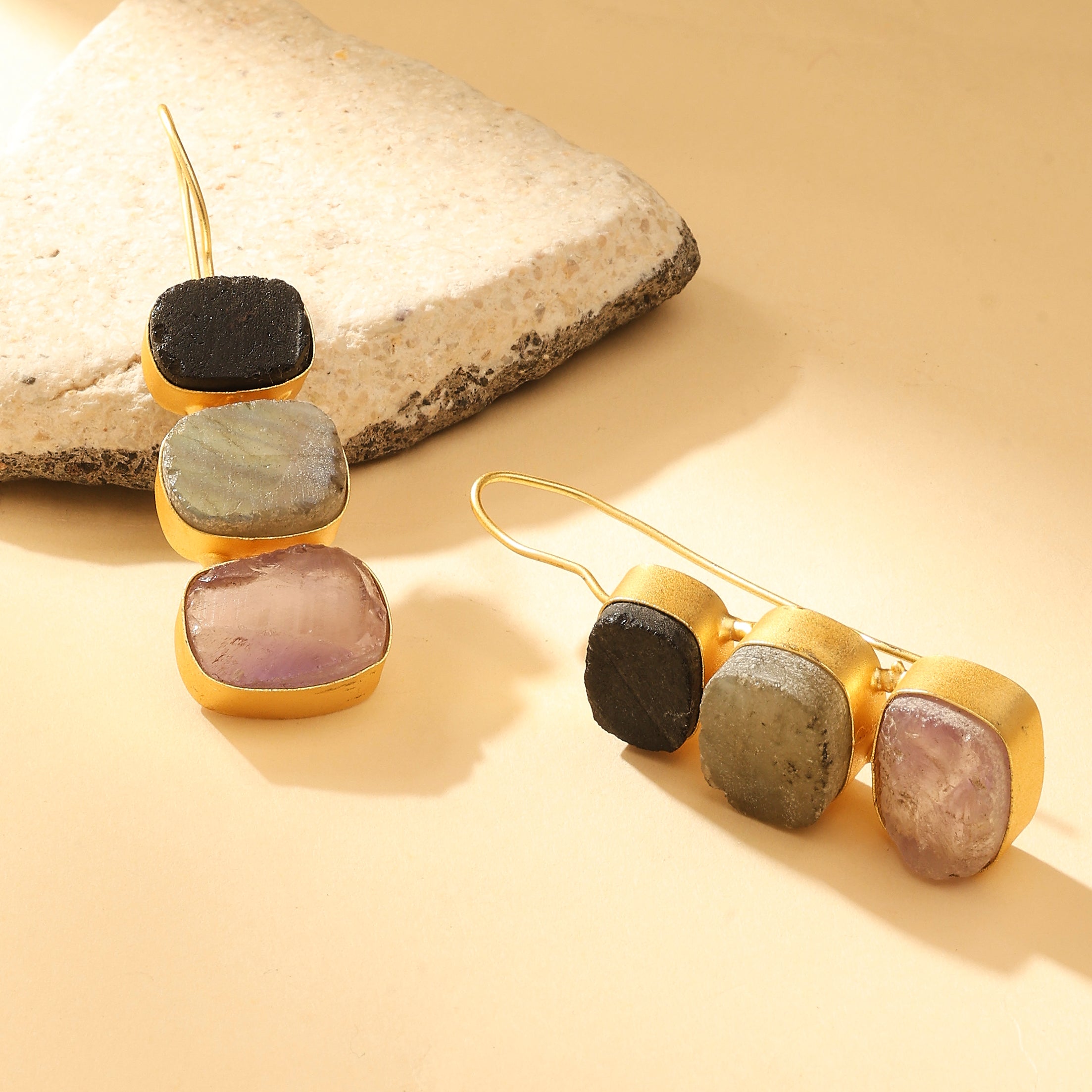 Raw Stone Trio Drop Earrings – Labradorite Edition