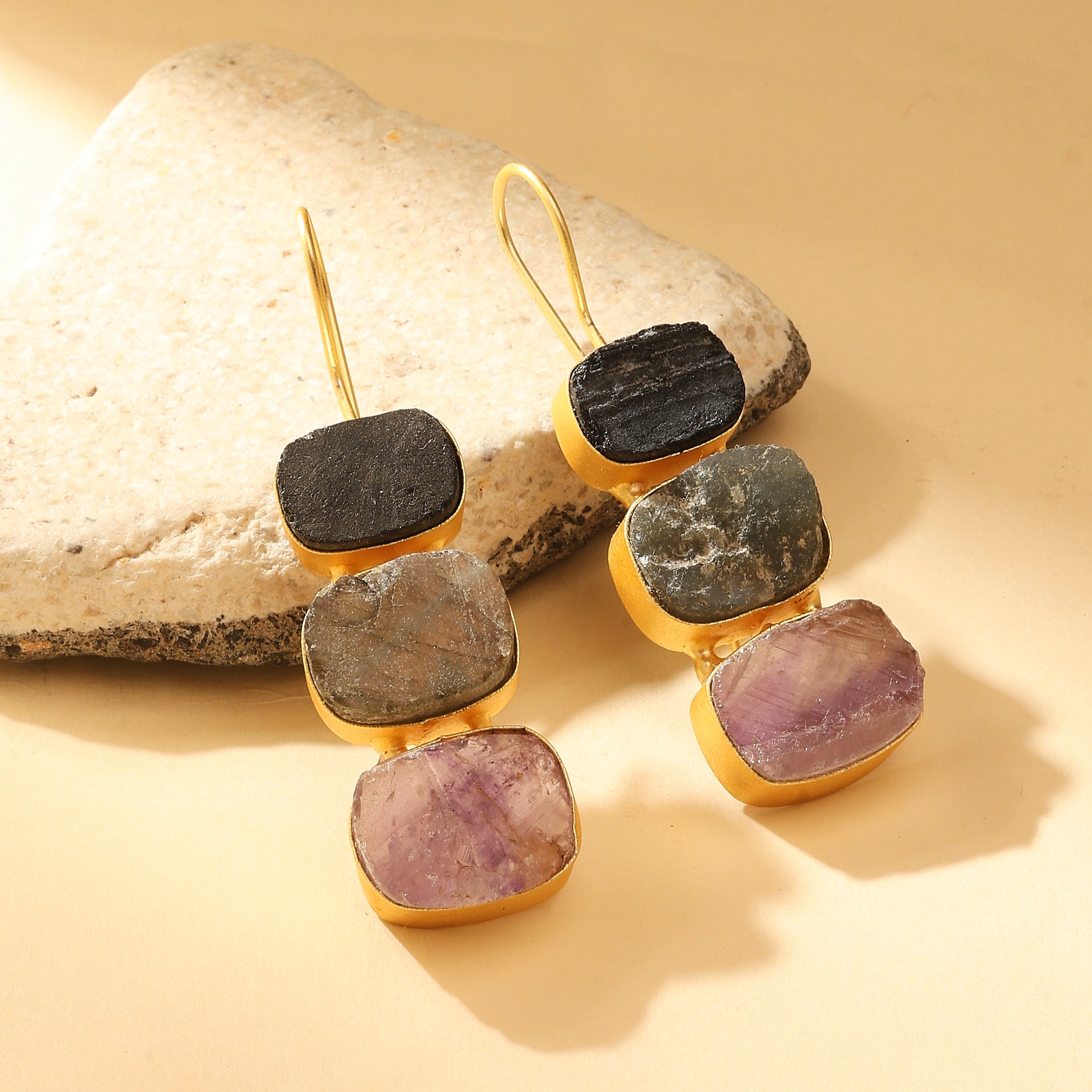 Raw Stone Trio Drop Earrings – Amethyst Edition