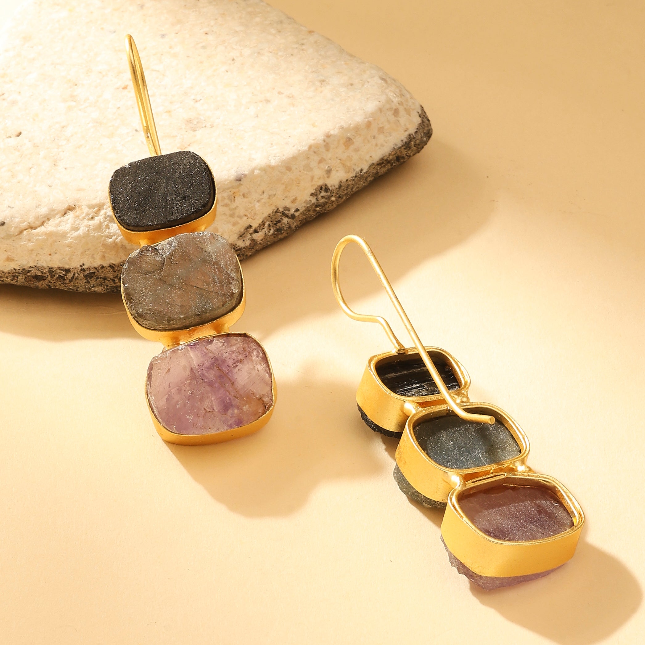 Raw Stone Trio Drop Earrings – Amethyst Edition