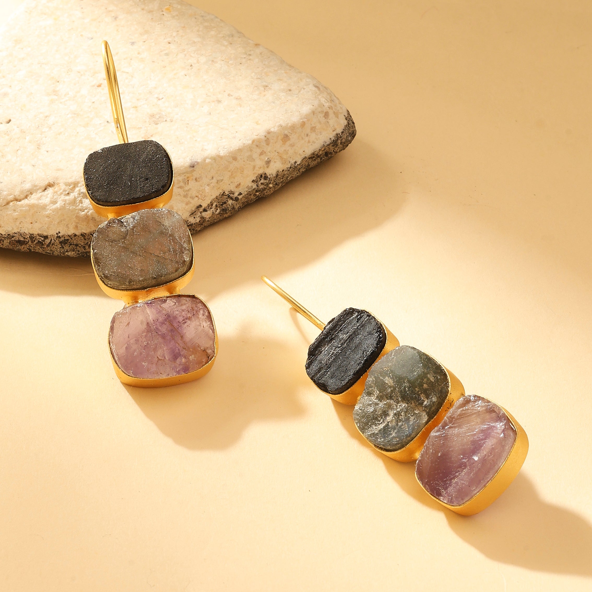 Raw Stone Trio Drop Earrings – Amethyst Edition
