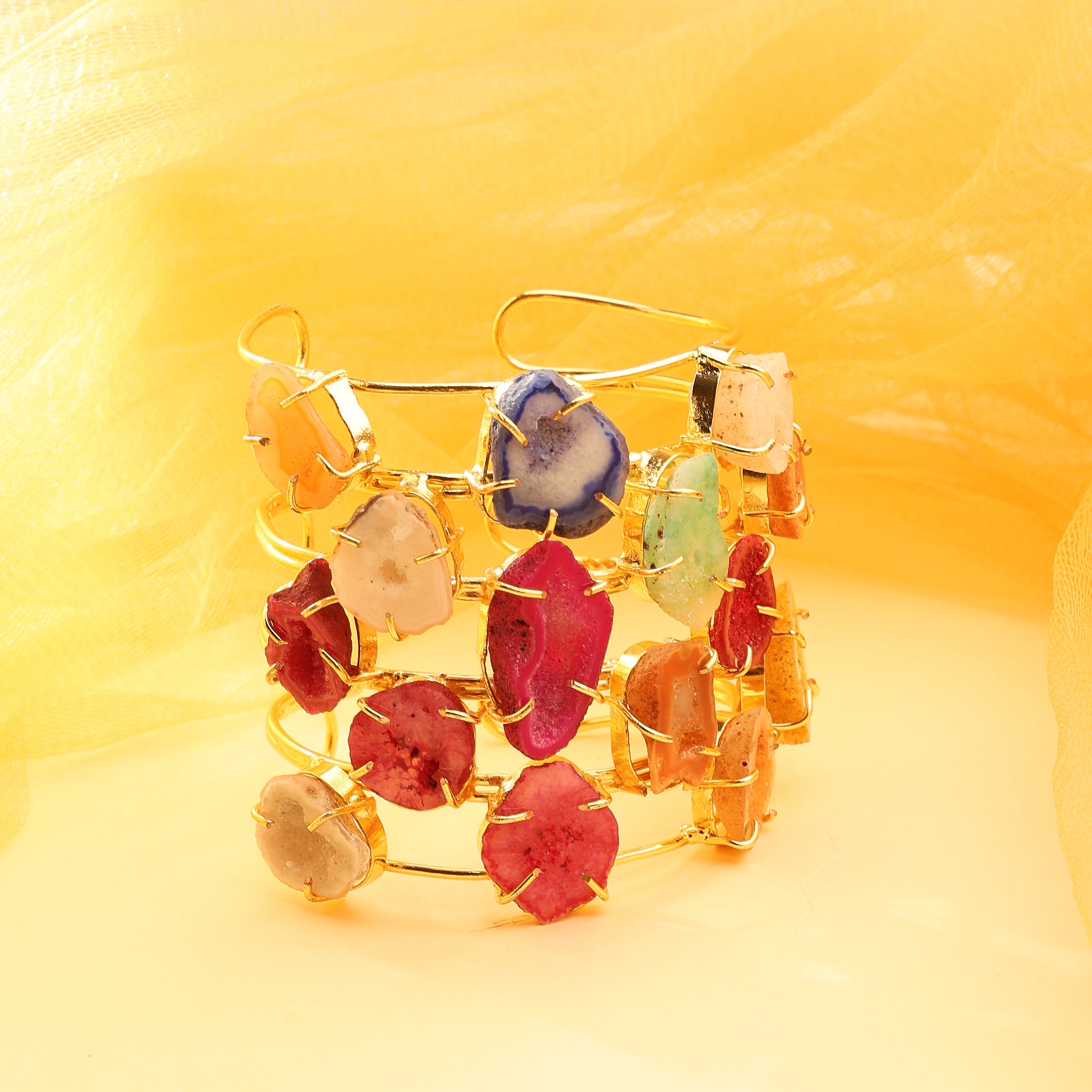 Multi-Row Raw Gemstone Cuff Bracelet – Jewel Tone Edition