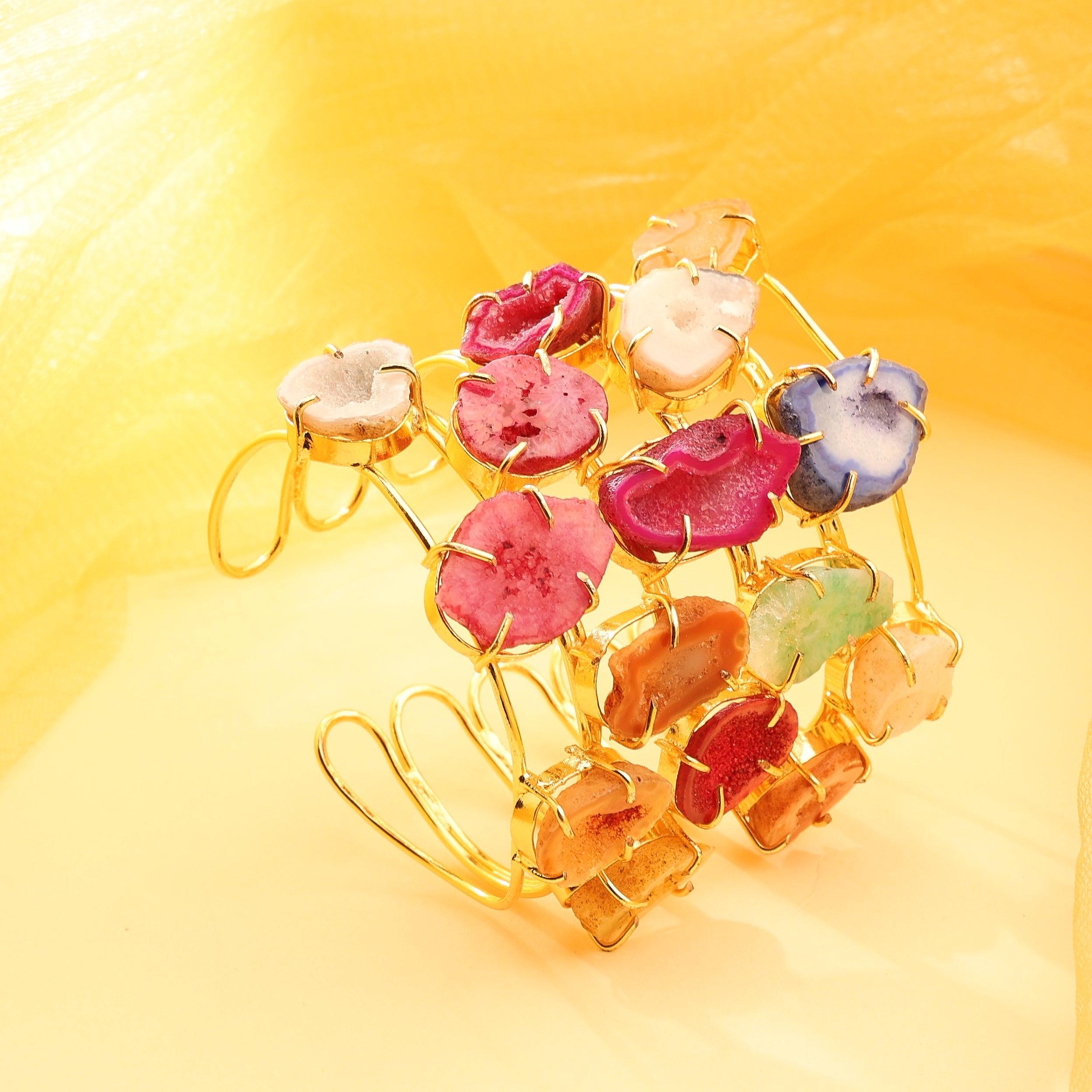 Multi-Row Raw Gemstone Cuff Bracelet – Jewel Tone Edition