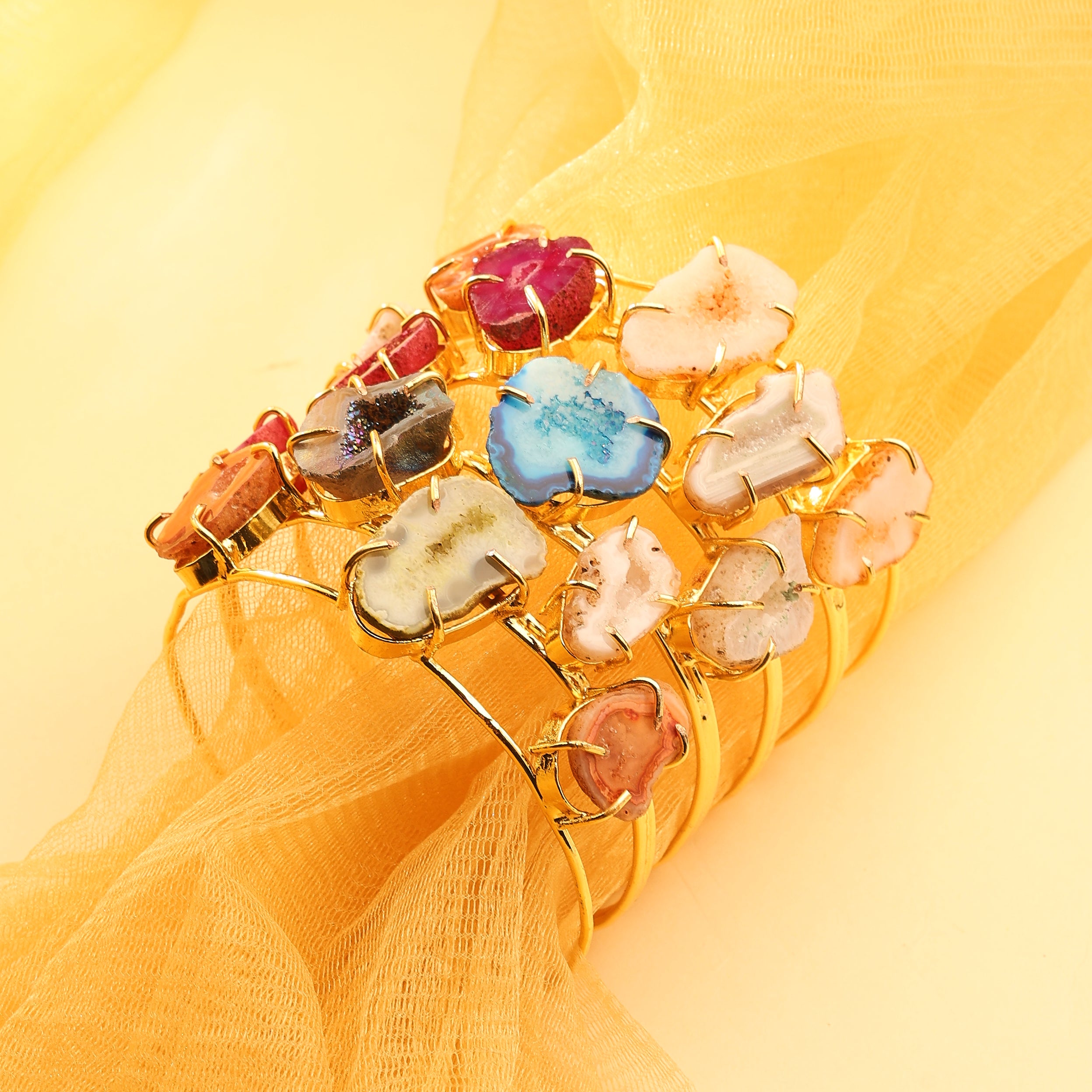 Multi-Row Raw Gemstone Cuff Bracelet – Ocean Bloom Edition