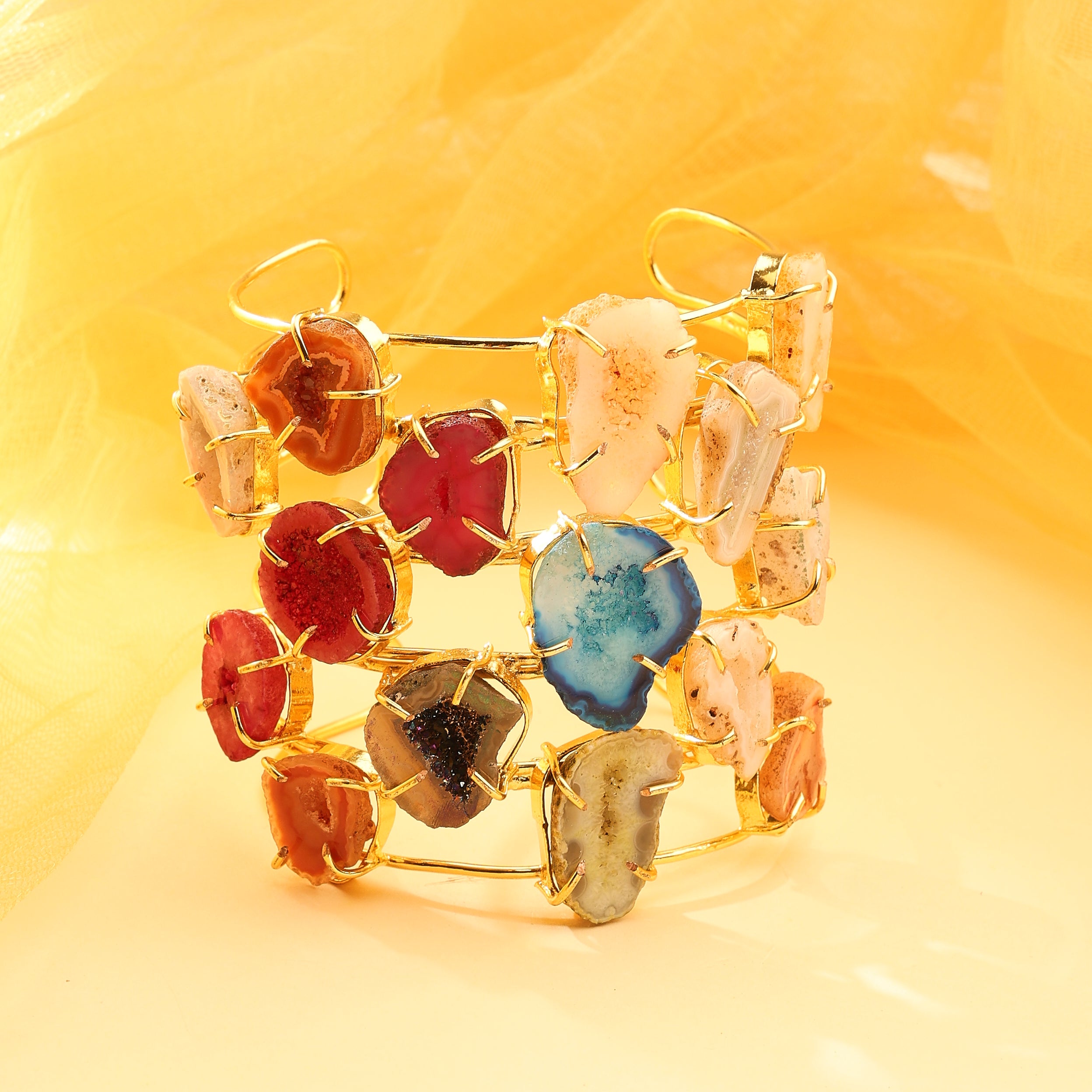 Multi-Row Raw Gemstone Cuff Bracelet – Ocean Bloom Edition